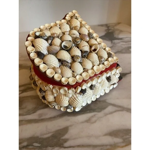 Handmade Seashell Grand Piano Jewelry Box Red Velvet Lining Vintage Coastal Art - Picture 7 of 8